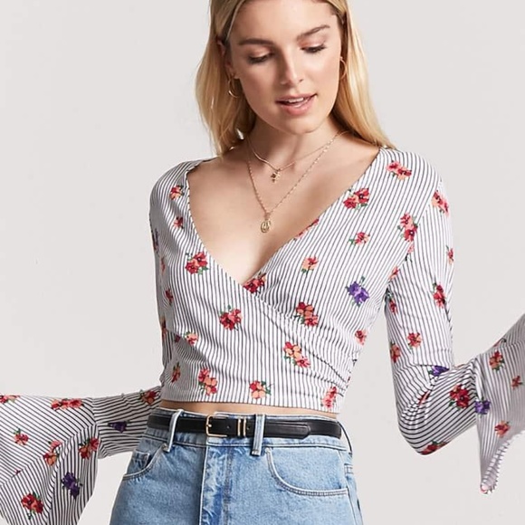 Forever 21 Tops - Floral Stripe Surplice Crop Top